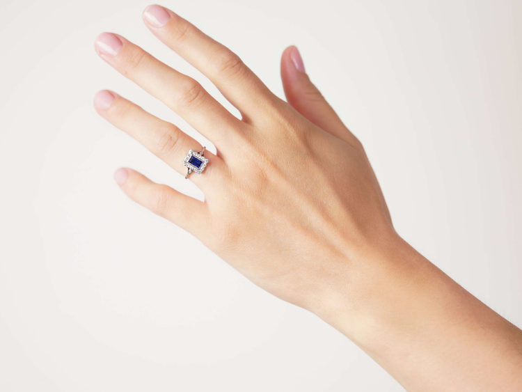 Art Deco Platinum Sapphire & Diamond Rectangular Shaped Ring