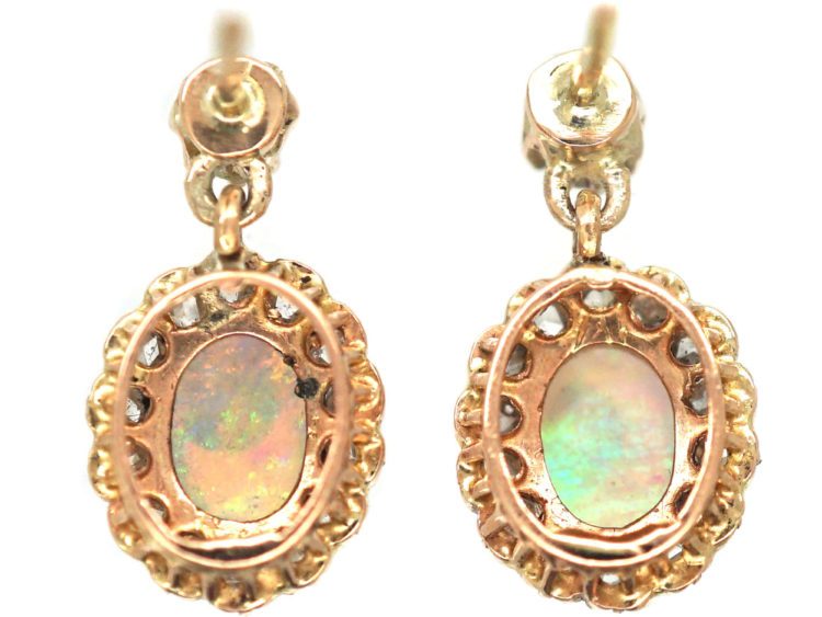 Edwardian 14ct Gold, Opal & Diamond Drop Cluster Earrings