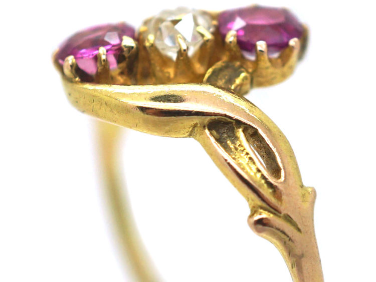 Art Nouveau 14ct Gold Pink Sapphire & Diamond Crossover Ring