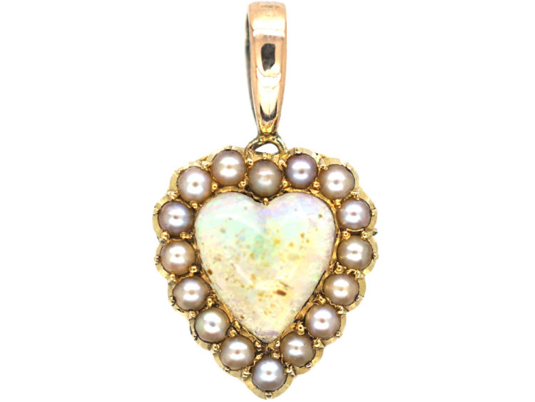 Edwardian 15ct Gold, Opal & Natural Split Pearl Heart Pendant