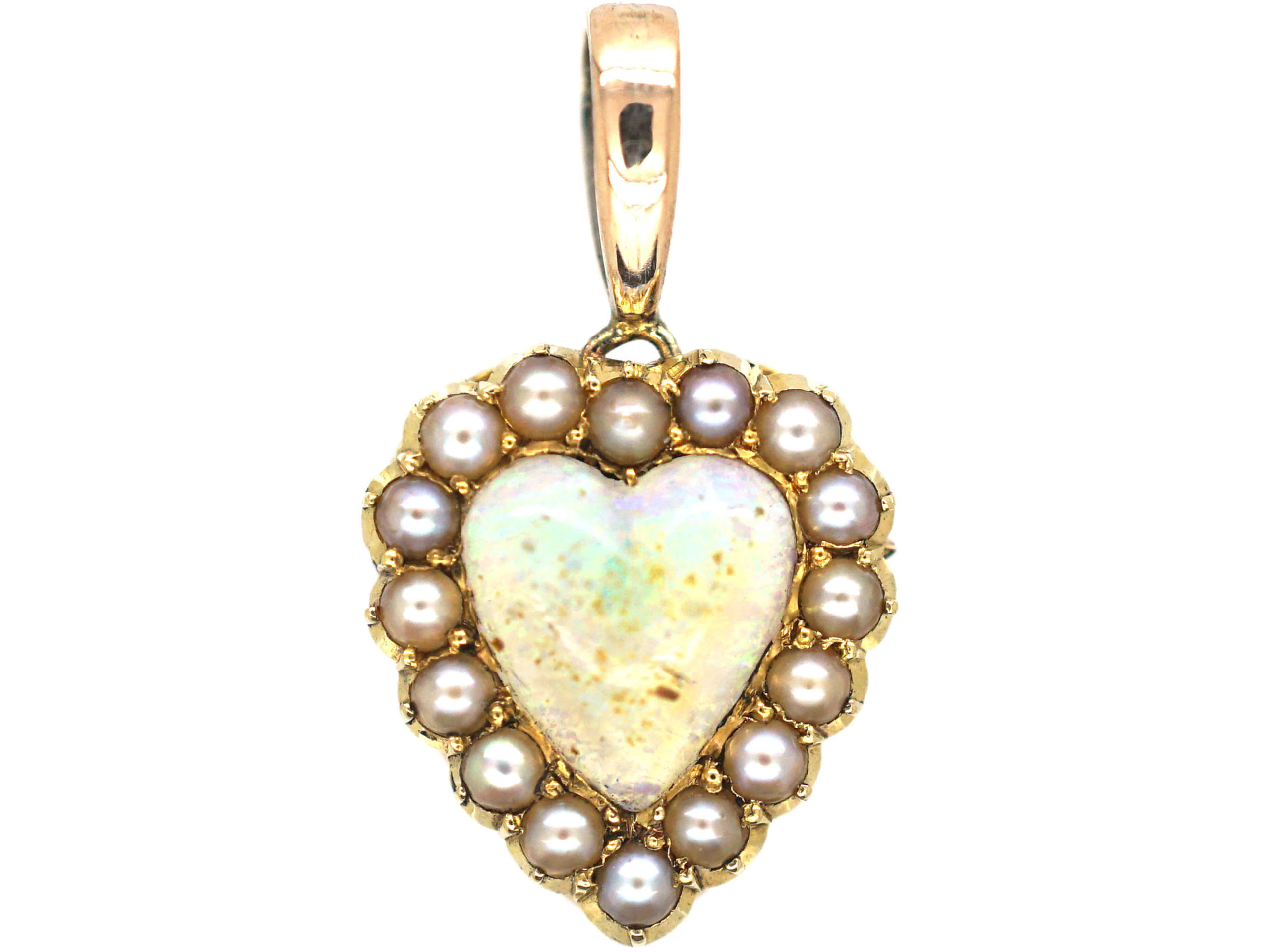 Edwardian 15ct Gold, Opal & Natural Split Pearl Heart Pendant (181P ...
