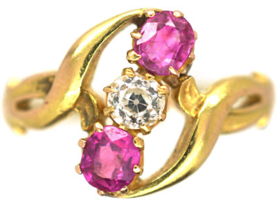 Art Nouveau 14ct Gold Pink Sapphire & Diamond Crossover Ring