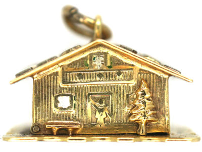 Swiss Chalet 14ct Gold & Enamel Charm with Couple in Bed Inside