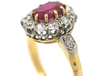 Edwardian 18ct Gold & Platinum, Ruby & Diamond Cluster Ring with Diamond Set Shoulders