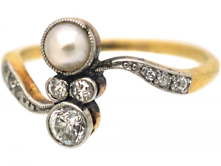 Art Nouveau 18ct Gold, Platinum, Natural Pearl & Diamond Crossover Ring