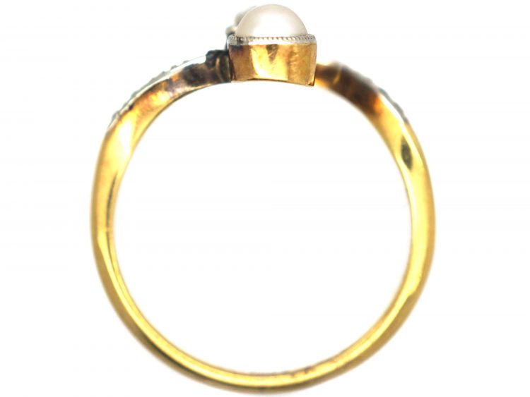 Art Nouveau 18ct Gold, Platinum, Natural Pearl & Diamond Crossover Ring