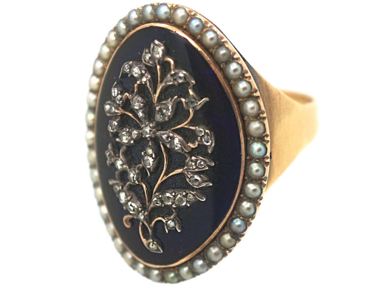 Georgian Gold, Bristol Blue Glass, Natural Split Pearl & Diamond Oval Ring