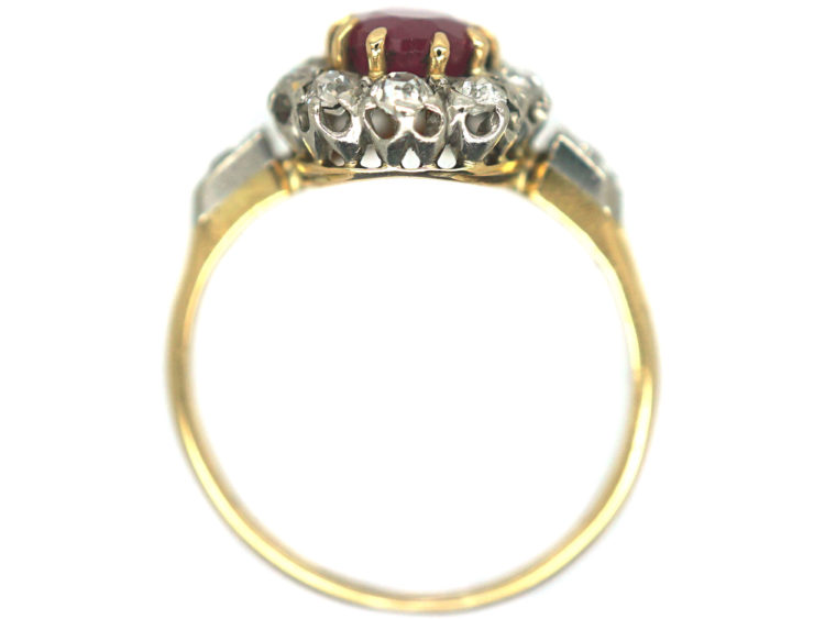 Edwardian 18ct Gold & Platinum, Ruby & Diamond Cluster Ring with Diamond Set Shoulders