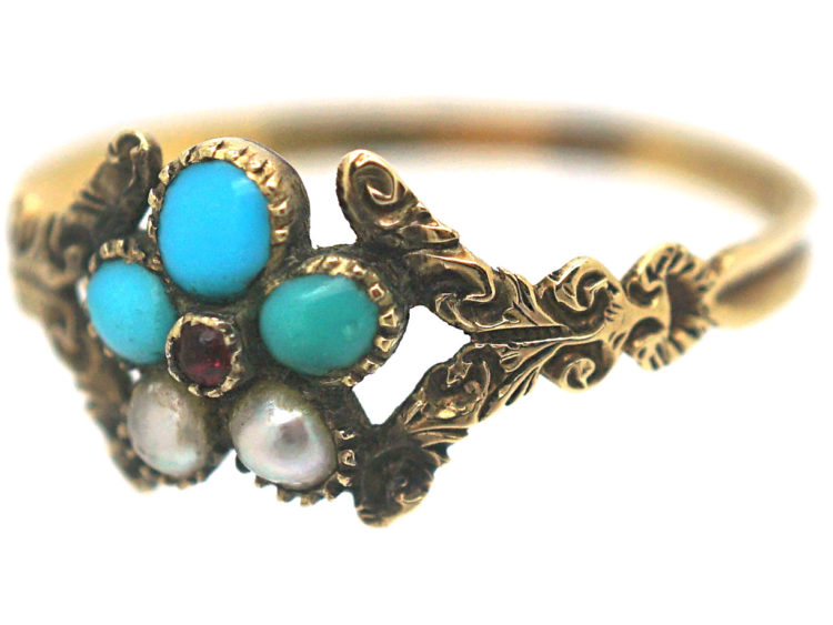 Georgian 15ct Gold, Turquoise, Ruby ​& Natural Split Pearl Cluster Pansy Ring