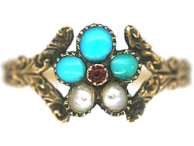 Georgian Gold, Turquoise ​& Pearl Cluster Posy Ring