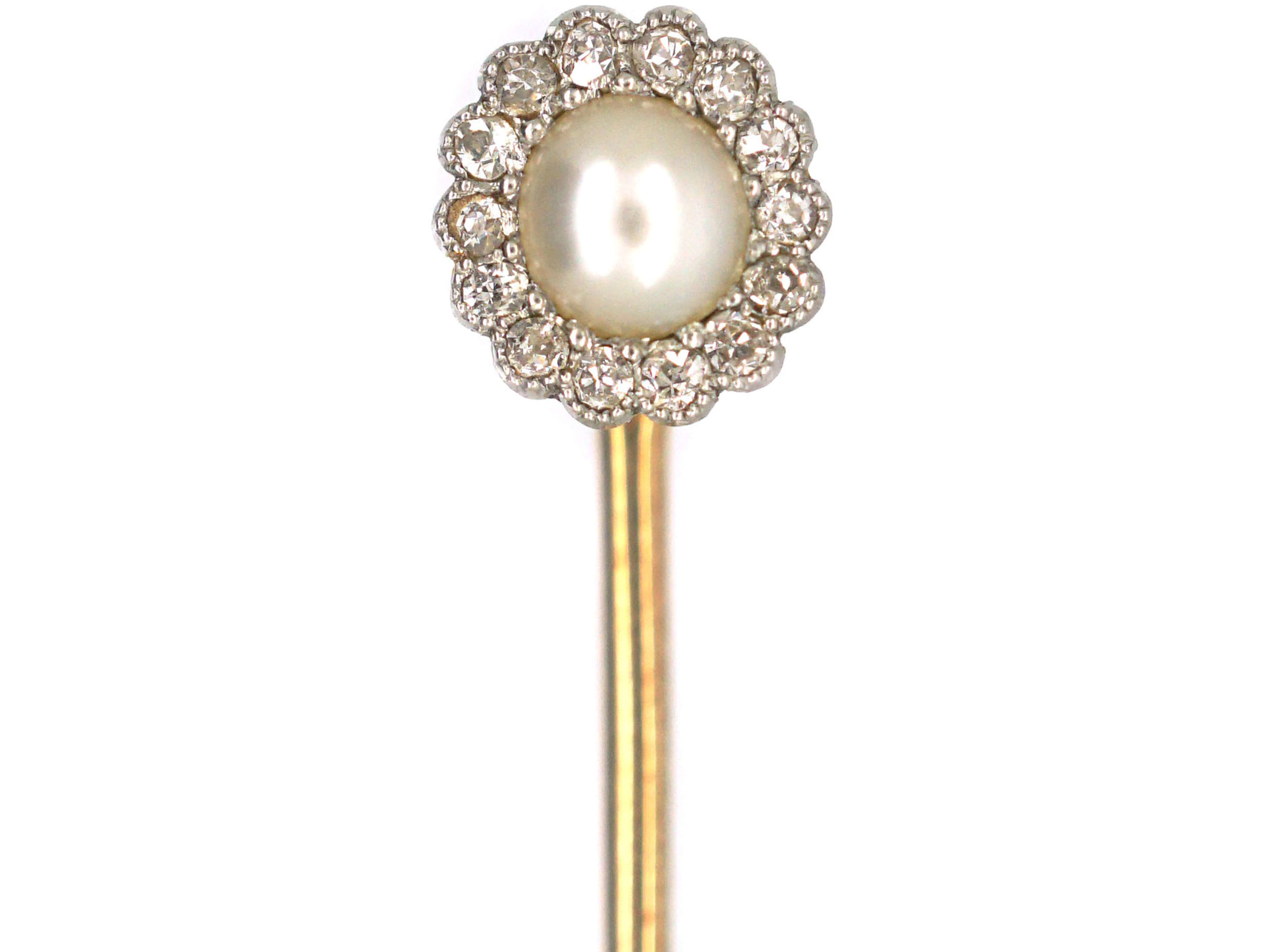 Edwardian 18ct Gold, Diamond & Natural Pearl Cluster Tie Pin (231P