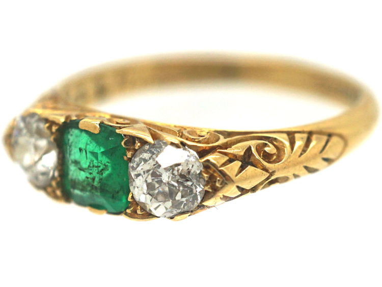 Edwardian 18ct Gold, Emerald & Diamond Three Stone Carved Half Hoop Ring
