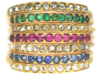 18ct Gold Seven Row Harem Ring set with Sapphires, Rubies, Emeralds & Rose Diamonds