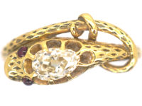 Georgian 18ct Gold Snake Ring set with a Rose Diamond & Cabochon Ruby Eyes