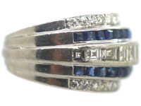 Art Deco Iridium & Platinum, Sapphire & Diamond Five Row Ring