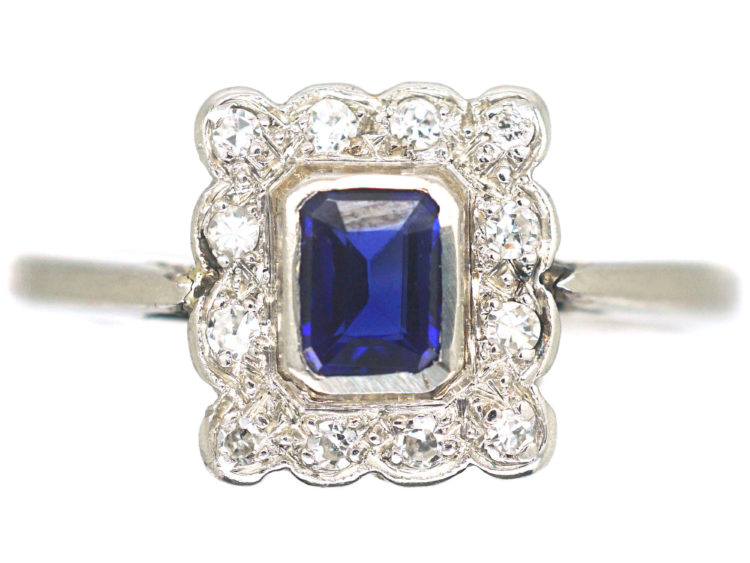 Art Deco 18ct White Gold & Platinum, Sapphire & Diamond Rectangular Shaped Ring