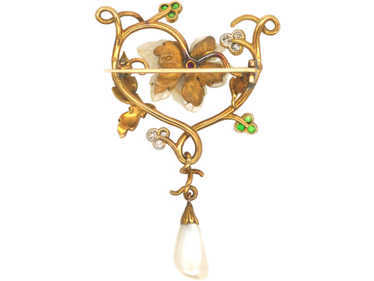 Art Nouveau 18ct Gold Flower Brooch set with Demantoid Garnets,  Mississippi River Pearls & Diamonds