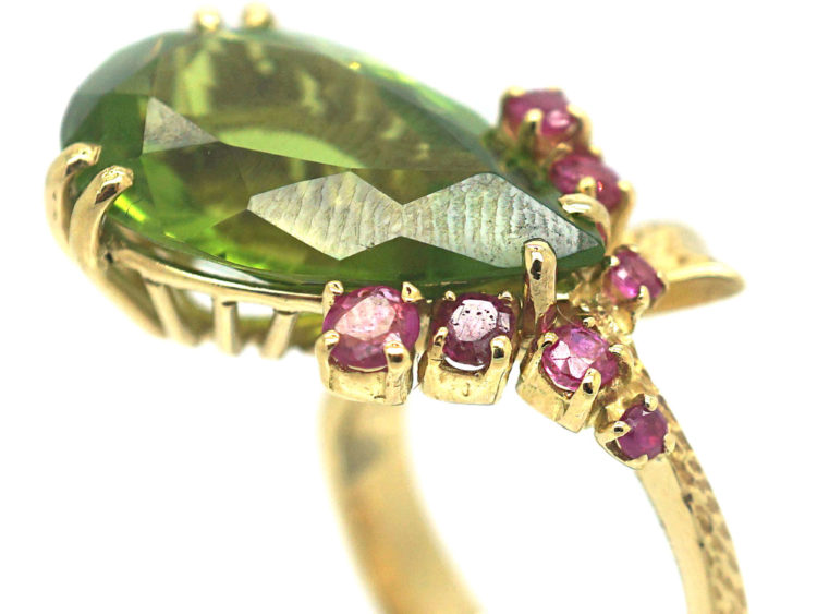 1970s 18ct Gold, Ruby & Large Pear Shaped Peridot Ring