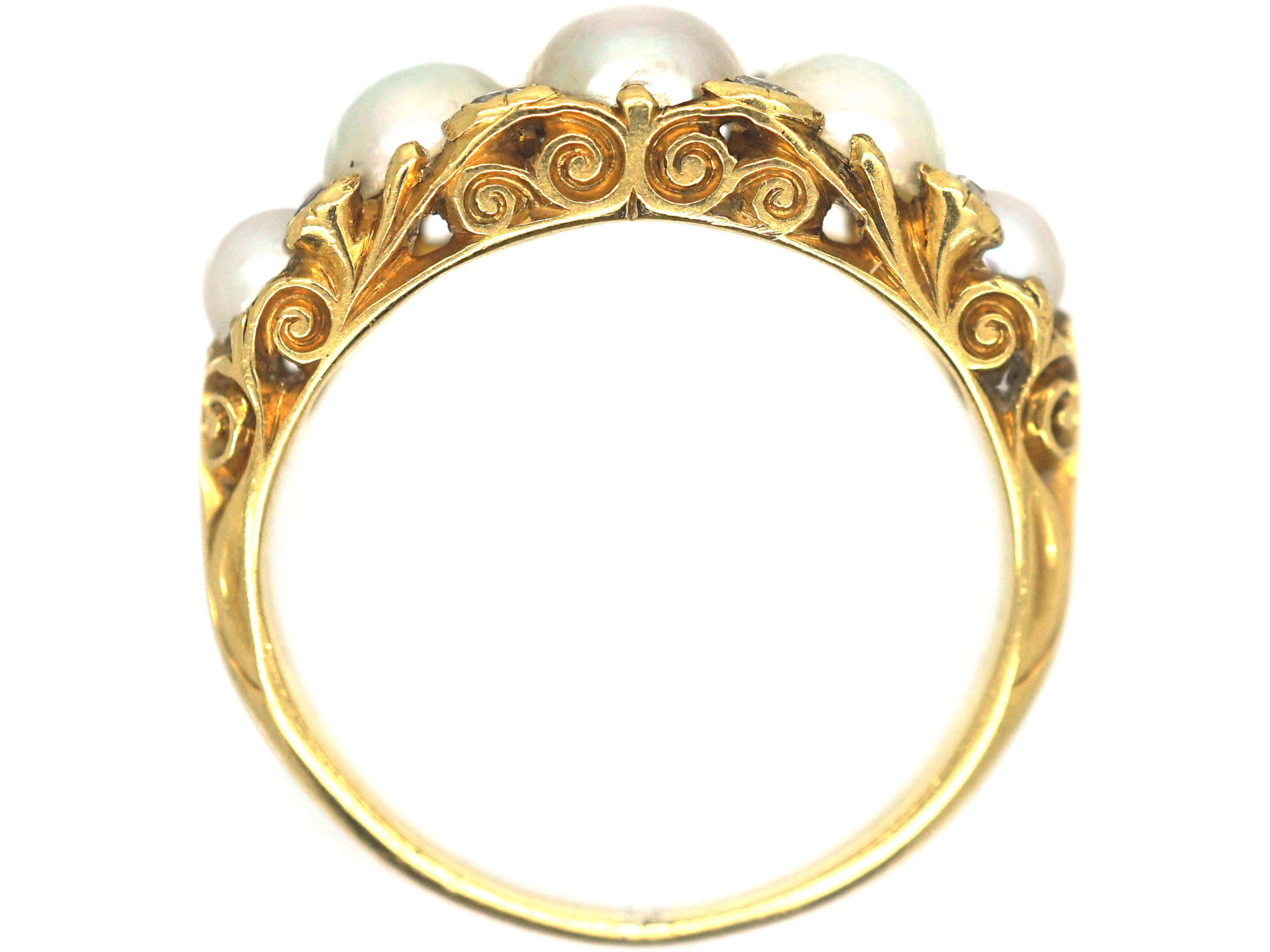 Victorian 18ct Gold, Natural Pearl & Rose Diamond Carved Half Hoop Ring ...