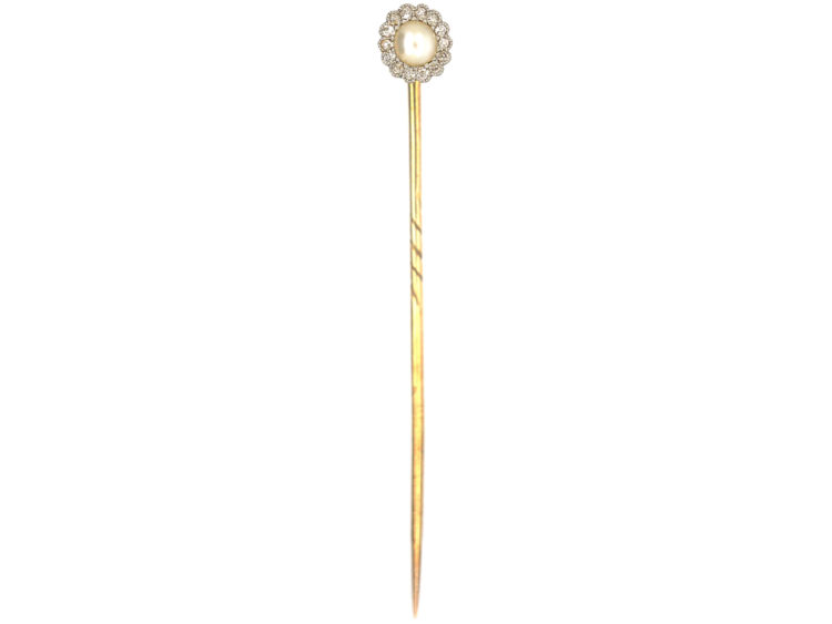 Edwardian 18ct Gold, Diamond & Natural Pearl Cluster Tie Pin