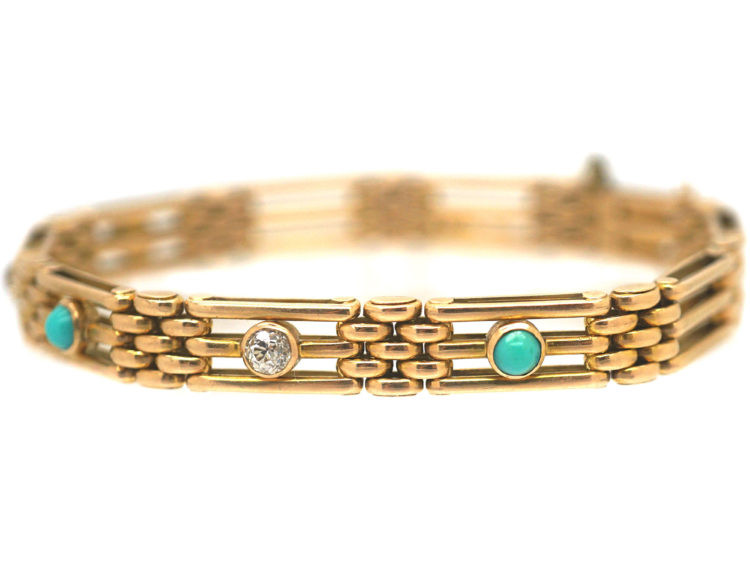 Edwardian 15ct Gold Turquoise & Diamond Gate Bracelet