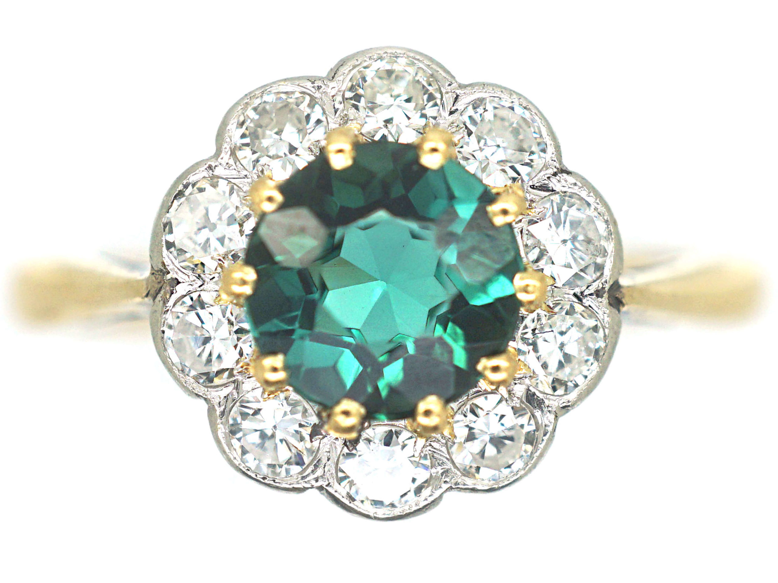 Edwardian 18ct Gold & Platinum, Green Tourmaline & Diamond Cluster Ring ...