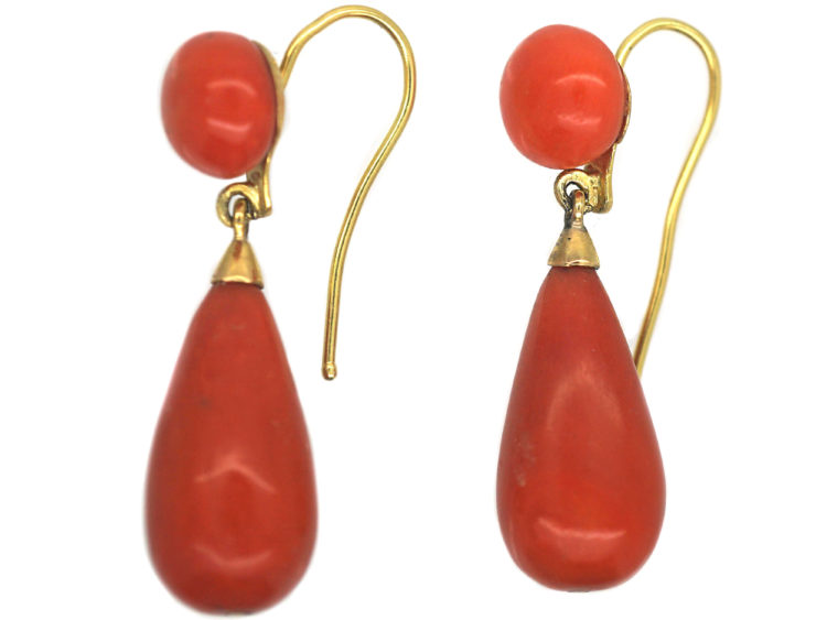 Victorian 15ct Gold Pear Shaped Neapolitan Coral Drop Earrings