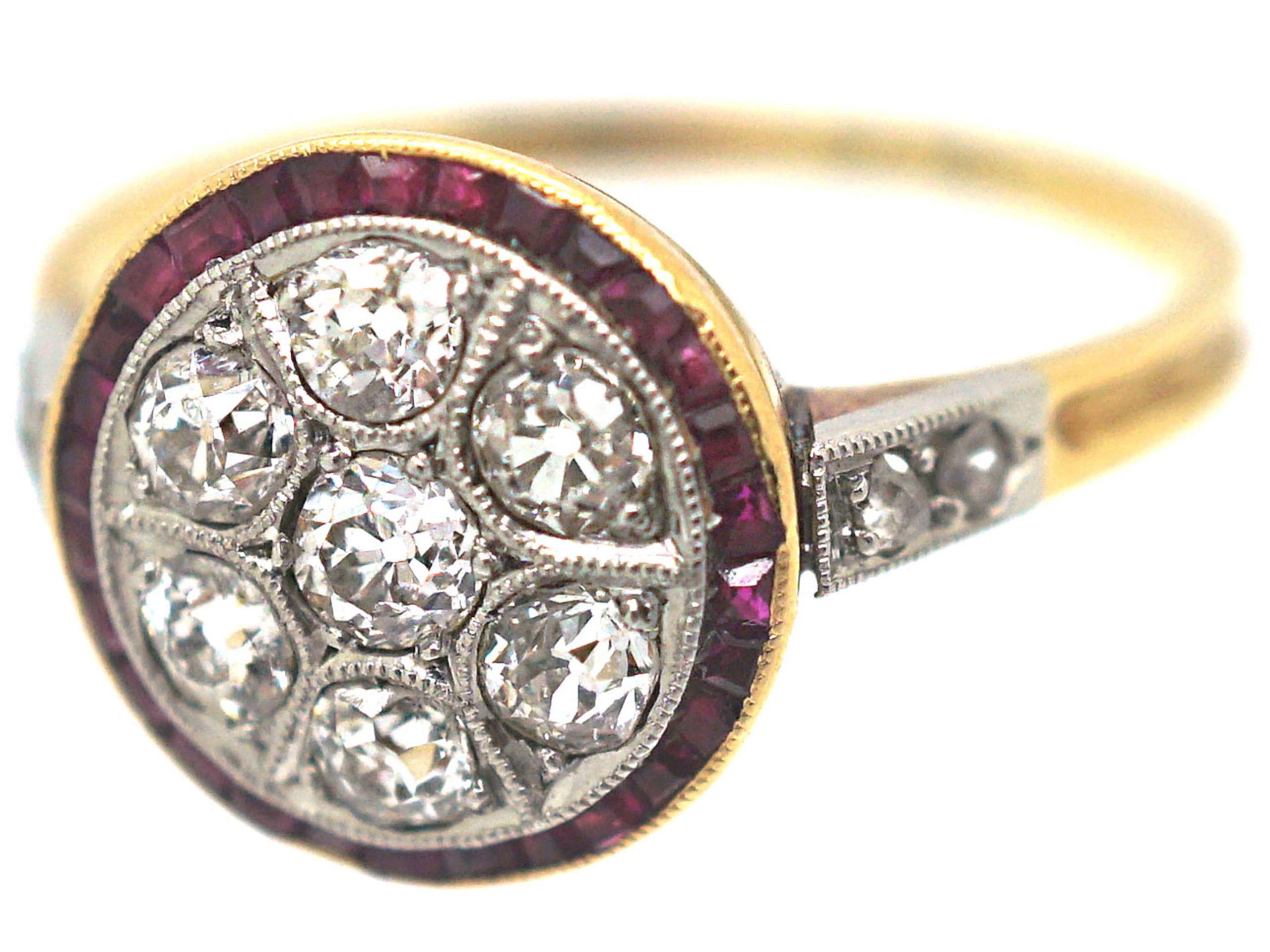 Art Deco 18ct Gold & Platinum, Diamond & Ruby Target Ring - The Antique