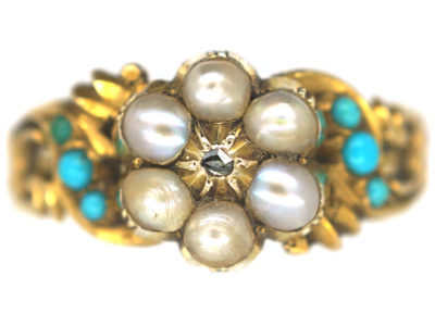 Regency 15ct Gold, Turquoise & Natural Split Pearl cluster Ring
