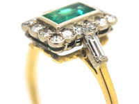 Art Deco 18ct Gold & Platinum, Emerald & Diamond Geometric Ring