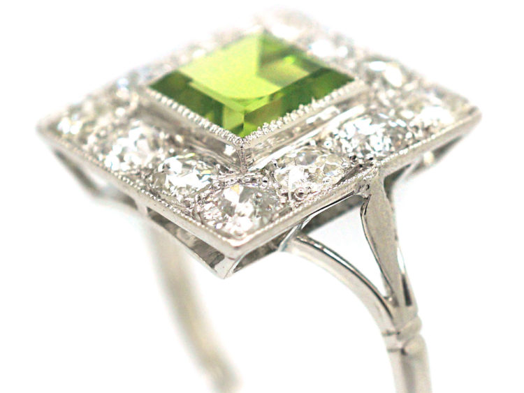 Platinum, Peridot & Diamond Square Shaped Ring