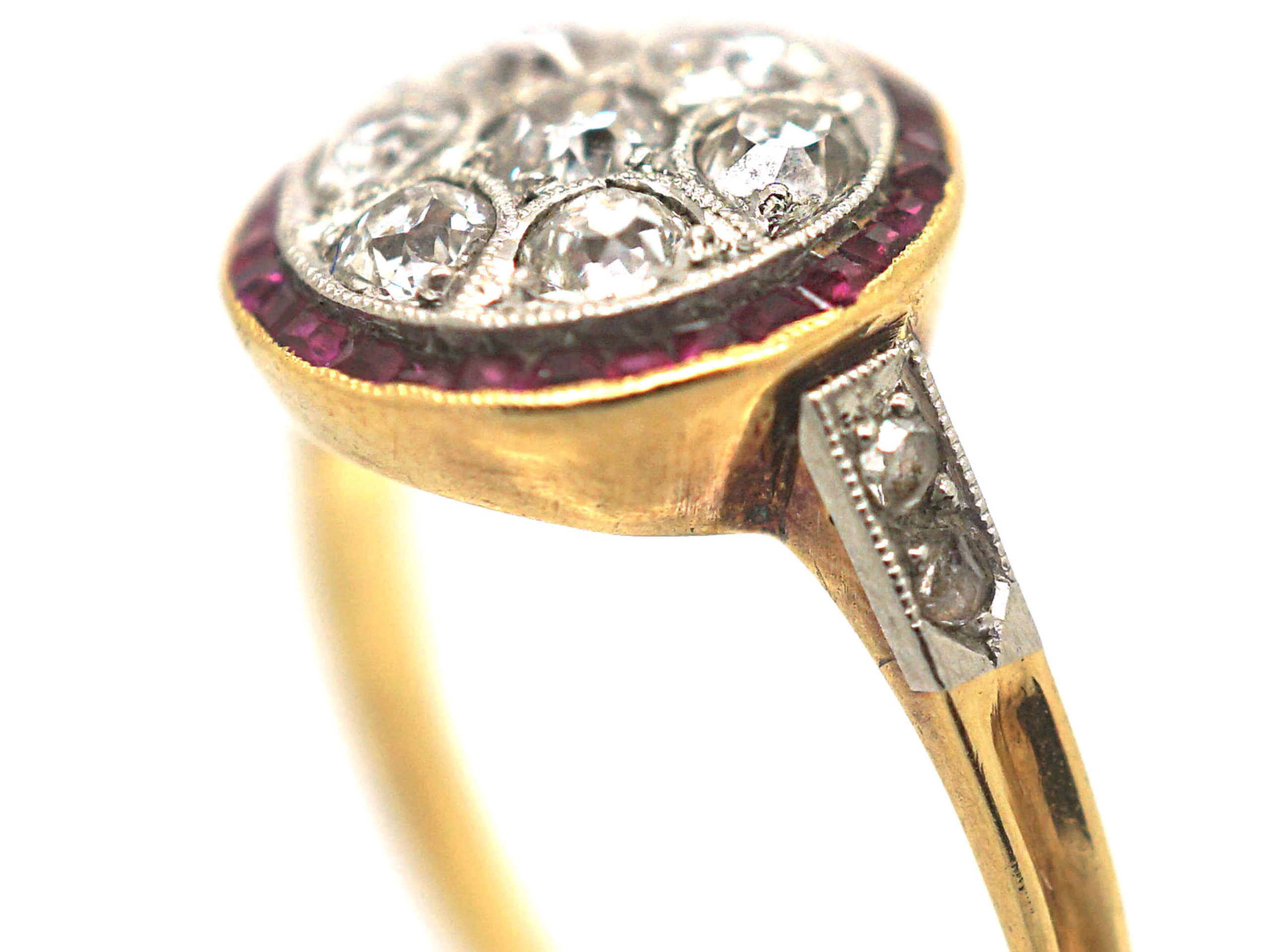 Art Deco 18ct Gold & Platinum, Diamond & Ruby Target Ring - The Antique