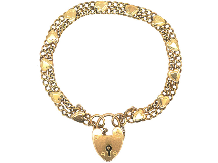 Edwardian 9ct Gold Bracelet with Hearts Motif & Padlock