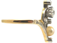 Art Nouveau 18ct Gold & Platinum, Diamond & Natural Pearl Ring
