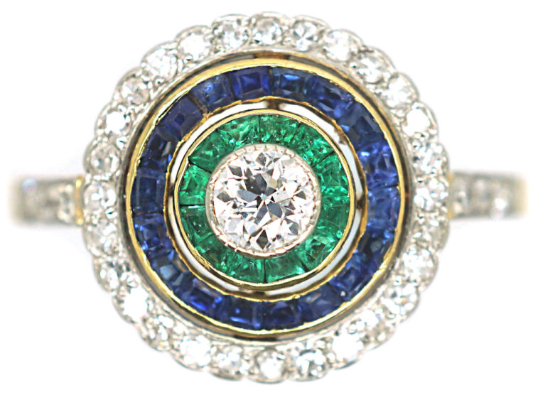 Art Deco 18ct Gold & Platinum, Diamond Emerald & Sapphire Target Ring