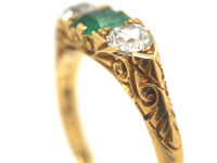 Edwardian 18ct Gold, Emerald & Diamond Three Stone Carved Half Hoop Ring