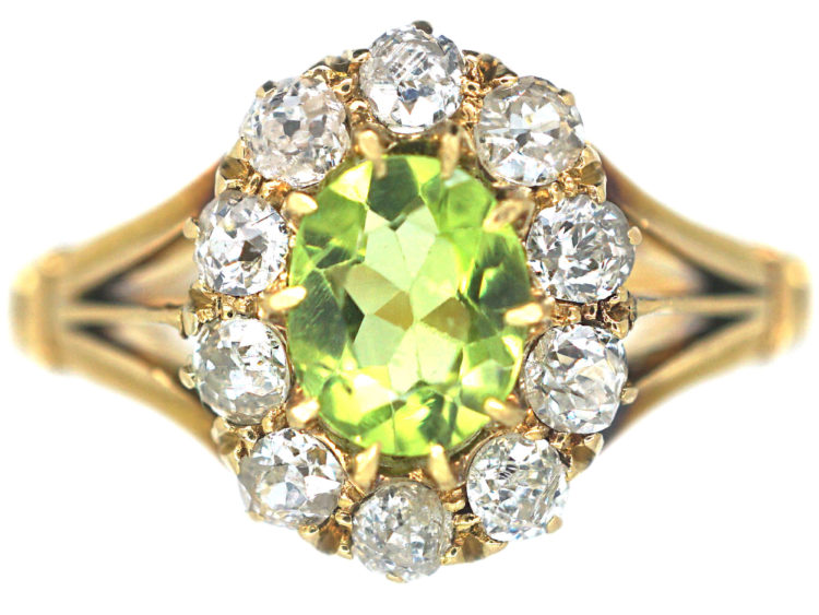 Edwardian 18ct Gold, Peridot & Diamond Oval Cluster Ring