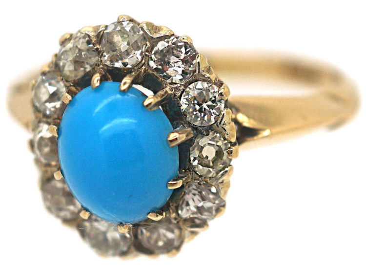 Edwardian 18ct Gold Turquoise & Diamond Cluster Ring