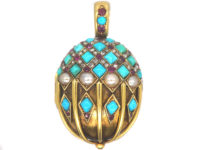 Victorian 18ct Gold Ruby, Natural Split Pearl, Rose Diamond & Turquoise Pendant with Hinged Locket on the Reverse