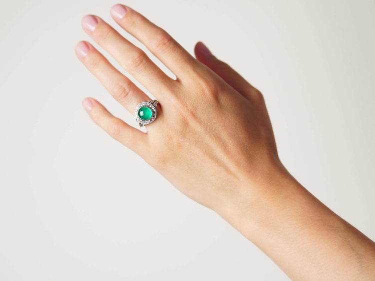 Art Deco Platinum, Cabochon Emerald & Diamond Ring
