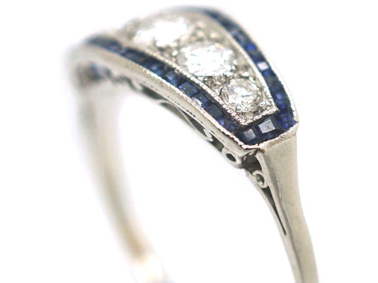 Art Deco Platinum, Sapphire & Diamond Boat Shaped Ring