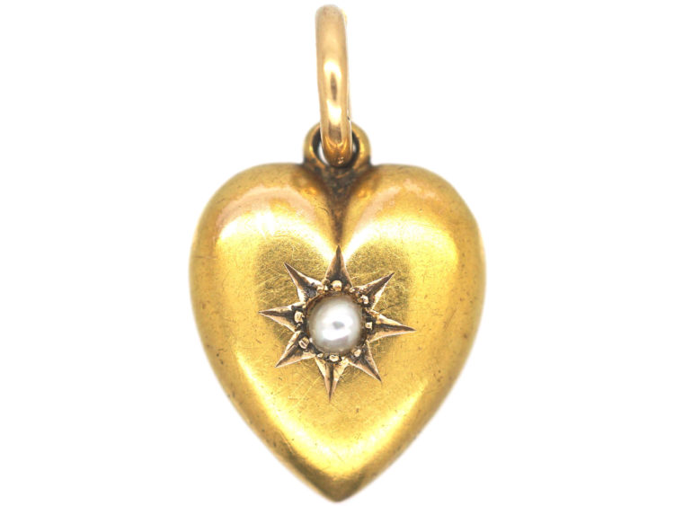 Edwardian 15ct Gold Heart Shaped Pendant set with  a Natural Split Pearl