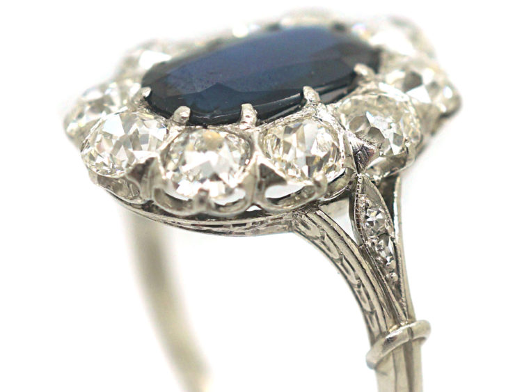 Art Deco Platinum, Sapphire & Diamond Oval Cluster Ring with Split Shoulders