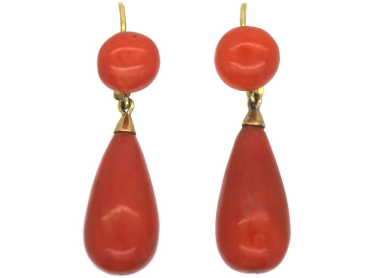 Victorian 15ct Gold Pear Shaped Neapolitan Coral Drop Earrings
