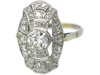 Art Deco Platinum & Diamond Oval Geometric Style Ring
