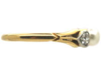 Edwardian 18ct Gold & Platinum, Natural Pearl and Diamond Three Stone Ring