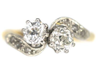 Edwardian 18ct Gold & Platinum, Two Stone Crossover Diamond Ring