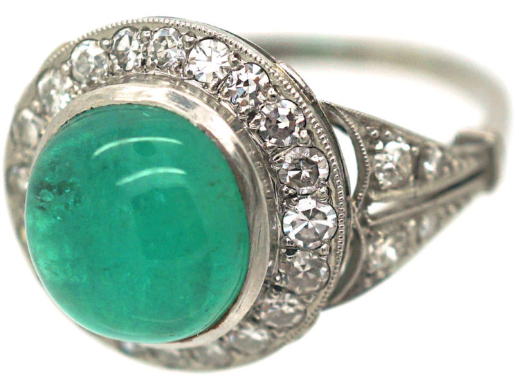 Art Deco Platinum, Cabochon Emerald & Diamond Ring