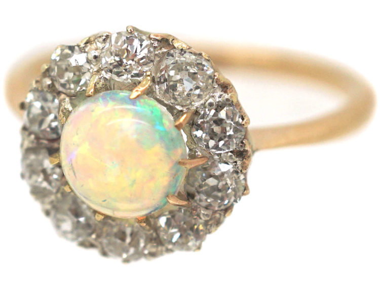 Edwardian 18ct Gold, Opal & Diamond Cluster Ring