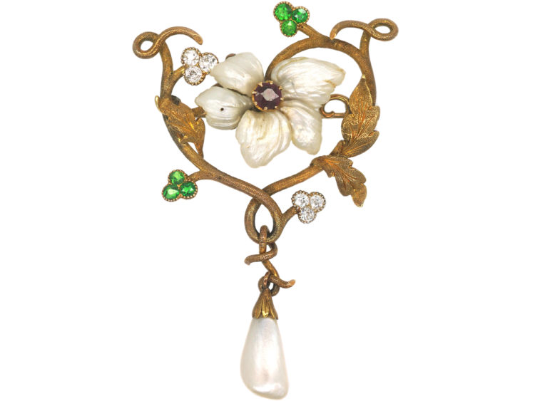Art Nouveau 18ct Gold Flower Brooch set with Demantoid Garnets,  Mississippi River Pearls & Diamonds